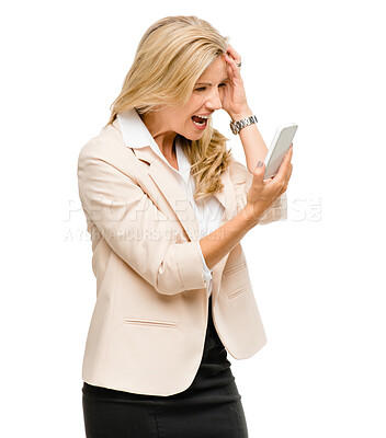 Buy stock photo Business, woman and frustrated with phone in studio for internet glitch, 404 error and connection problem. Professional, employee and angry with phishing email, web scam or stress on white background