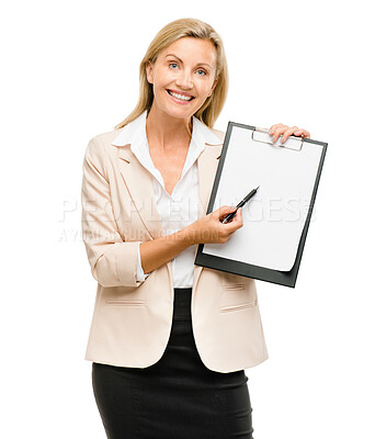 Buy stock photo Business woman, portrait and clipboard for registration, sign up or application isolated on a white studio background. Female person with pen, paperwork and form for contract, signature or document