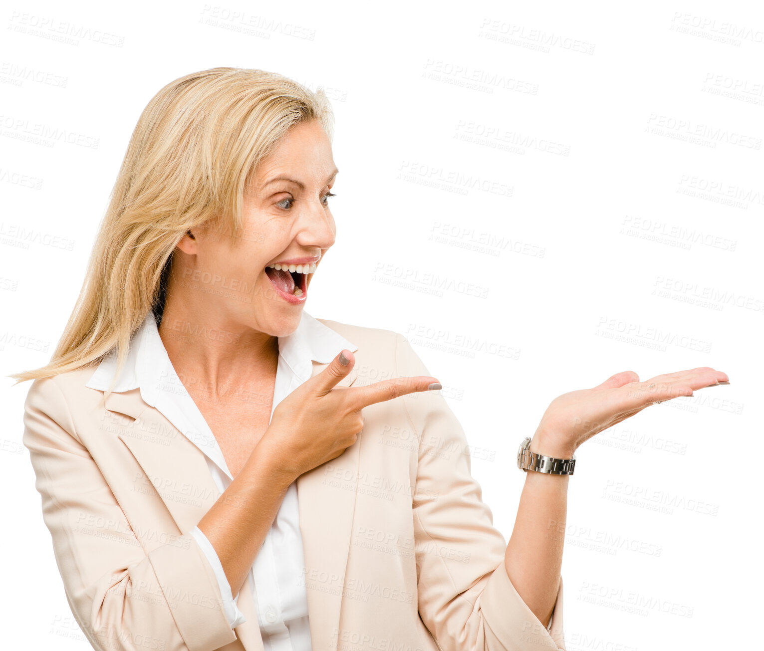 Buy stock photo Wow, smile and mature woman with hand pointing in studio to exciting deal or promo on white background. Finger, omg and face of excited lady with product placement, coming soon sale or menu steps