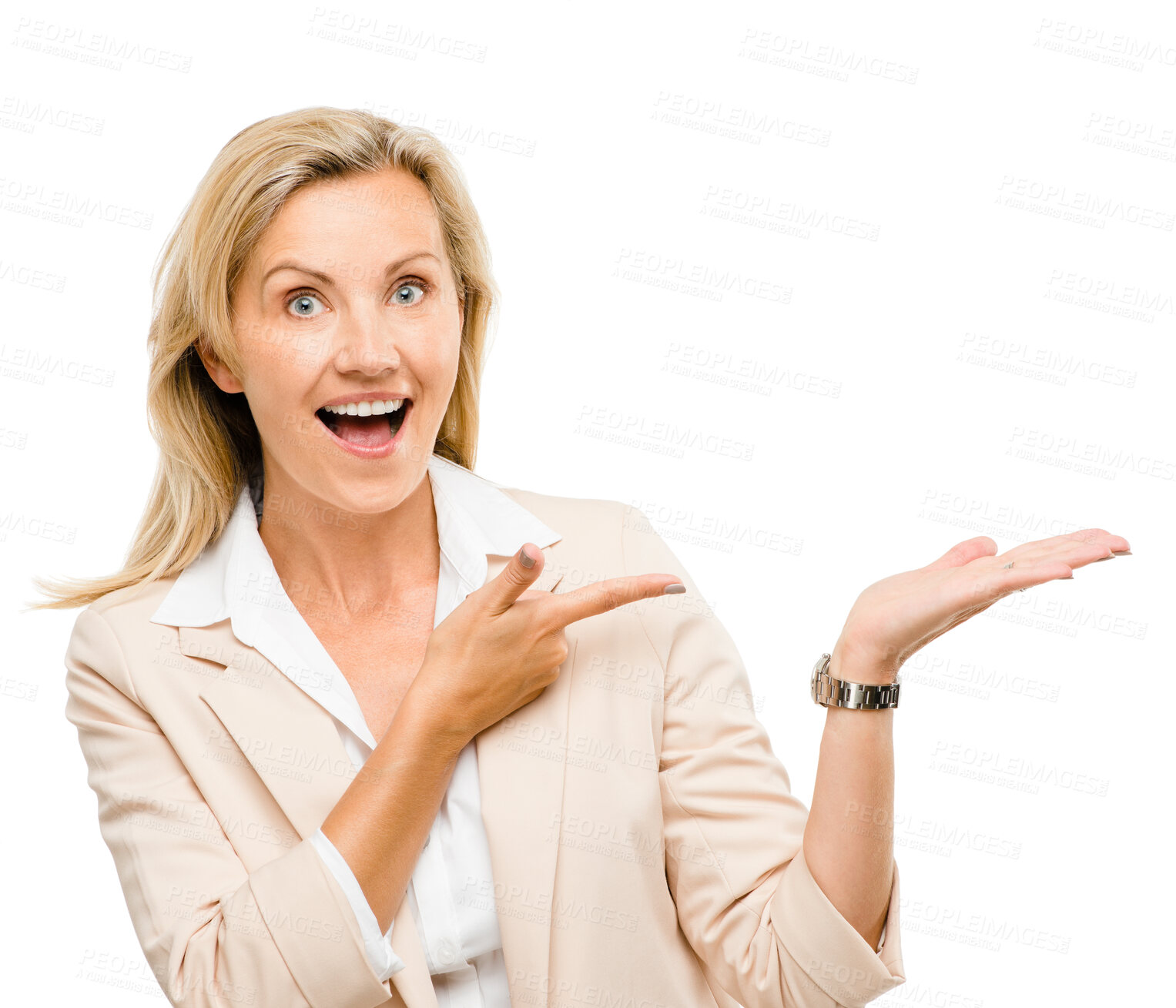 Buy stock photo Portrait, wow and mature woman with hand pointing in studio to exciting deal or promo against white background. Finger, omg and face of excited lady with sale announcement, coming soon or menu steps