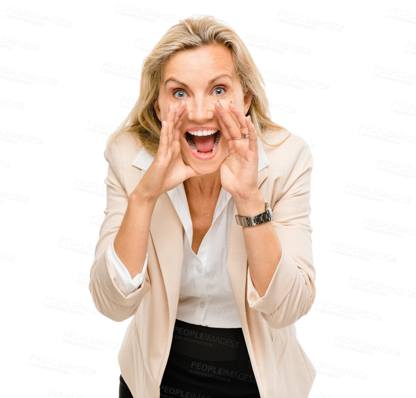 Buy stock photo Business woman, happy and shouting in portrait studio with announcement, choice and hiring by white background. Person, human resources and sign for search, talent or recruitment drive at company