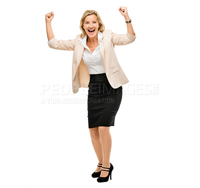 Buy stock photo Business woman, fist and celebration in winning or success isolated on a white studio background. Happy and excited female person in achievement, victory or bonus promotion for sale on mockup space