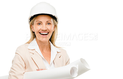 Buy stock photo Happy woman, architect and portrait with blueprint documents in construction or architecture planning. Female person, contractor or engineer smile and floor plan isolated on a white studio background