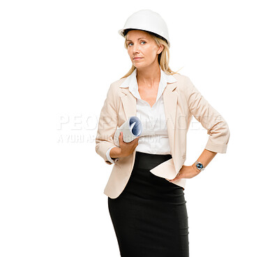 Buy stock photo Woman, portrait and architect with blueprint for architecture planning isolated on a white studio background. Serious female person, contractor and engineer documents with safety hat for construction