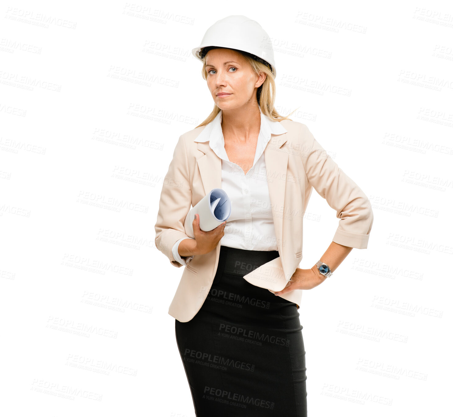 Buy stock photo Woman, portrait and architect with blueprint for architecture planning isolated on a white studio background. Serious female person, contractor and engineer documents with safety hat for construction