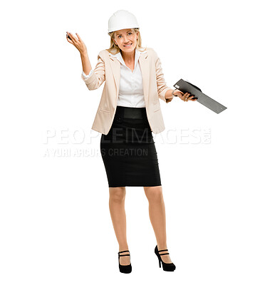 Buy stock photo Woman, architect and clipboard for portrait in studio at construction agency for dont know on white background. Contractor, safety inspection and building admin with confused for choice or property