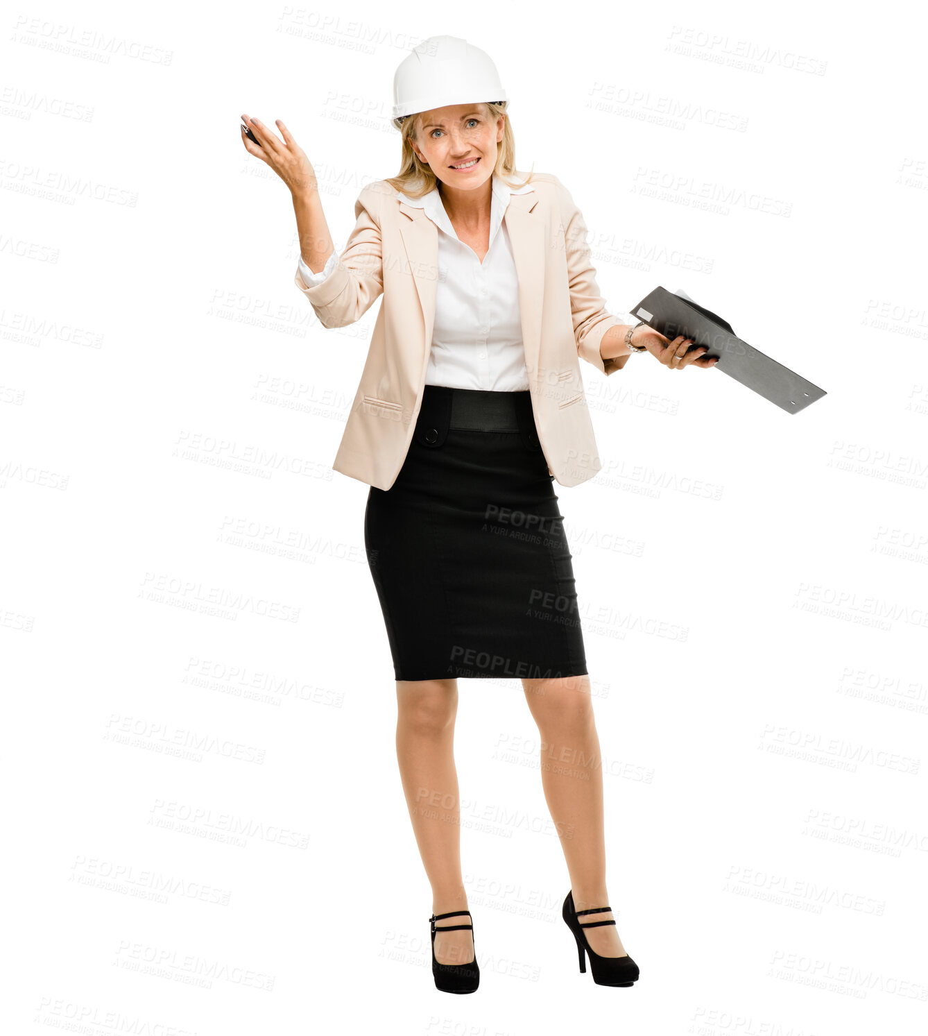 Buy stock photo Woman, architect and clipboard for portrait in studio at construction agency for dont know on white background. Contractor, safety inspection and building admin with confused for choice or property