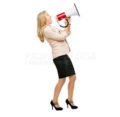 Buy stock photo Megaphone, noise and screaming mature woman in studio with message, broadcast or announcement on white background. Speaker, speech and angry lady with bullhorn for change, justice or freedom vote