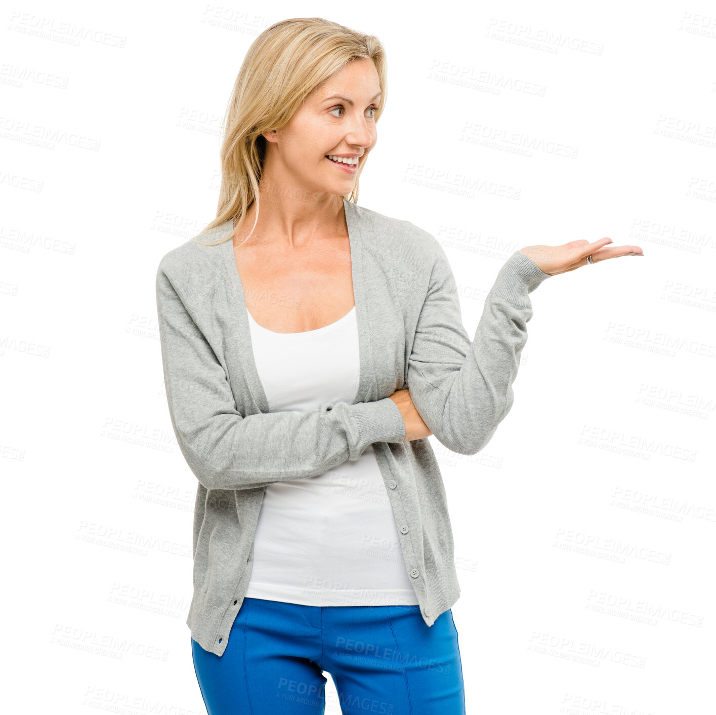 Buy stock photo Presentation, happy and woman with hand on a white background for promotion, advertising and deal. Mockup, excited and isolated person with gesture for showing, discount and sale news in studio