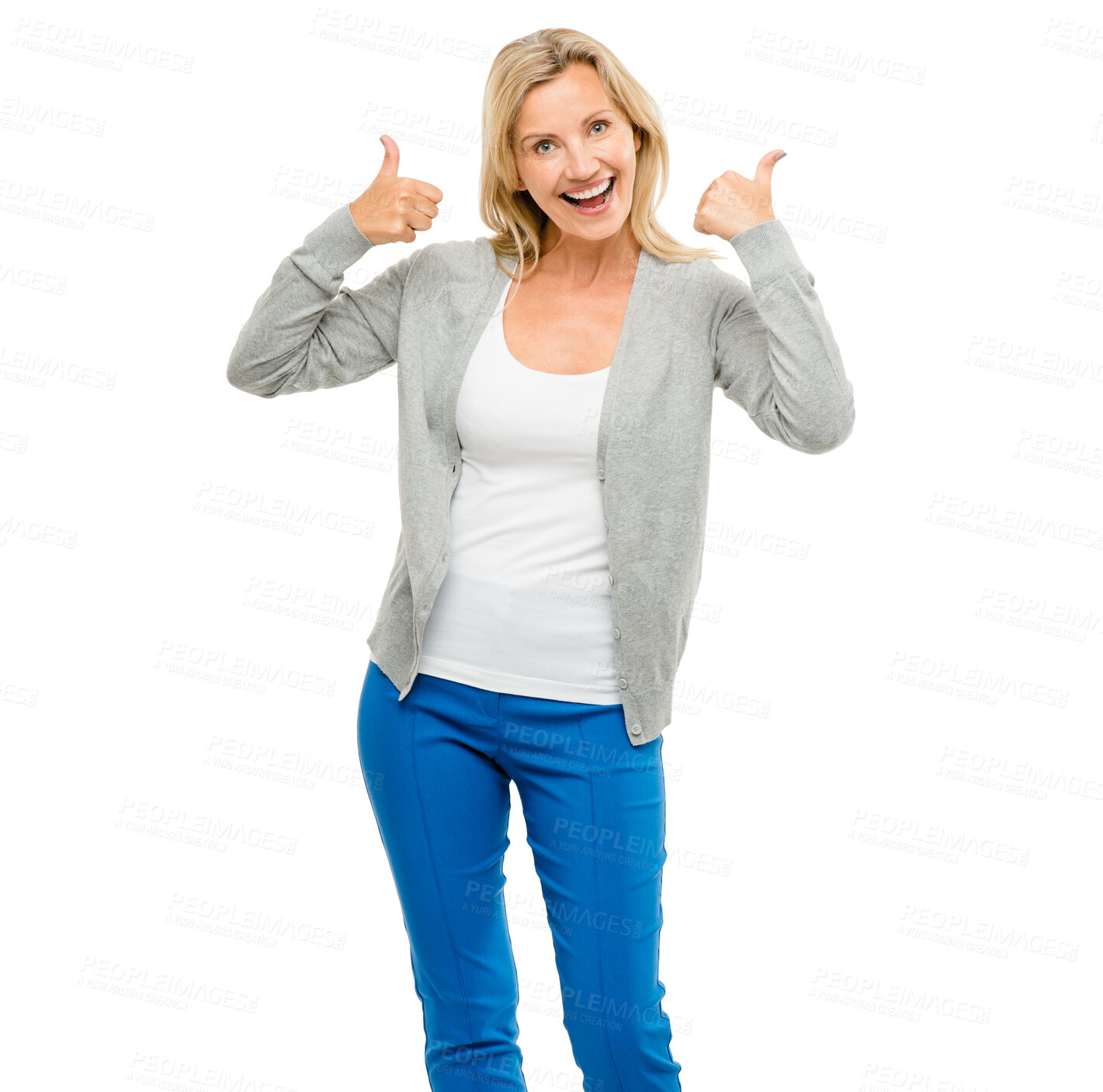 Buy stock photo Happy woman, portrait and thumbs up for success or good job isolated on a white studio background. Female person with smile and thumb emoji, yes sign or like for approval or agreement on mockup space