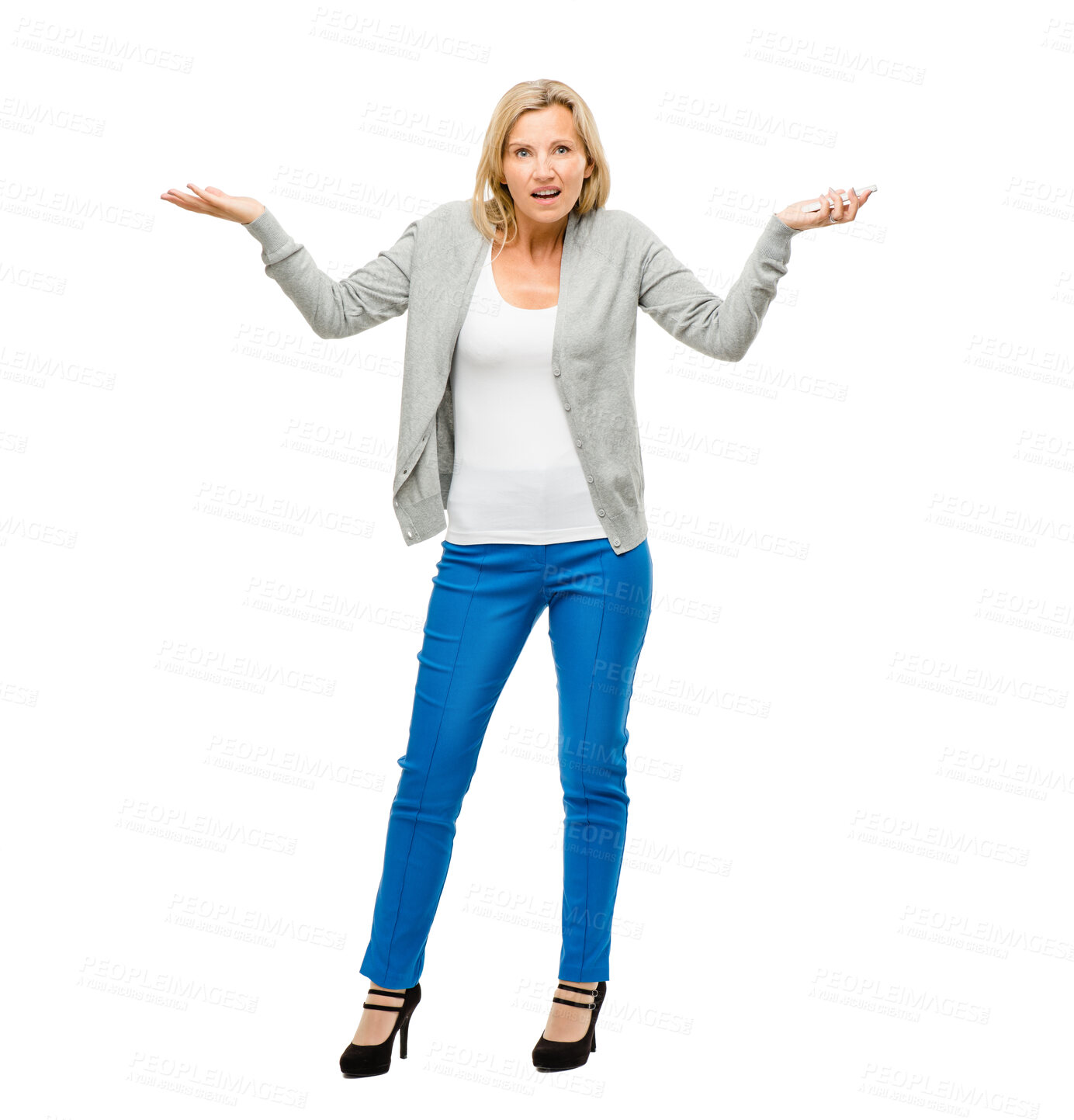 Buy stock photo Doubt, confused and portrait of woman in studio for unsure, uncertainty and question emoji. Thinking, shrug and isolated person with hand gesture for option, choice and decision on white background