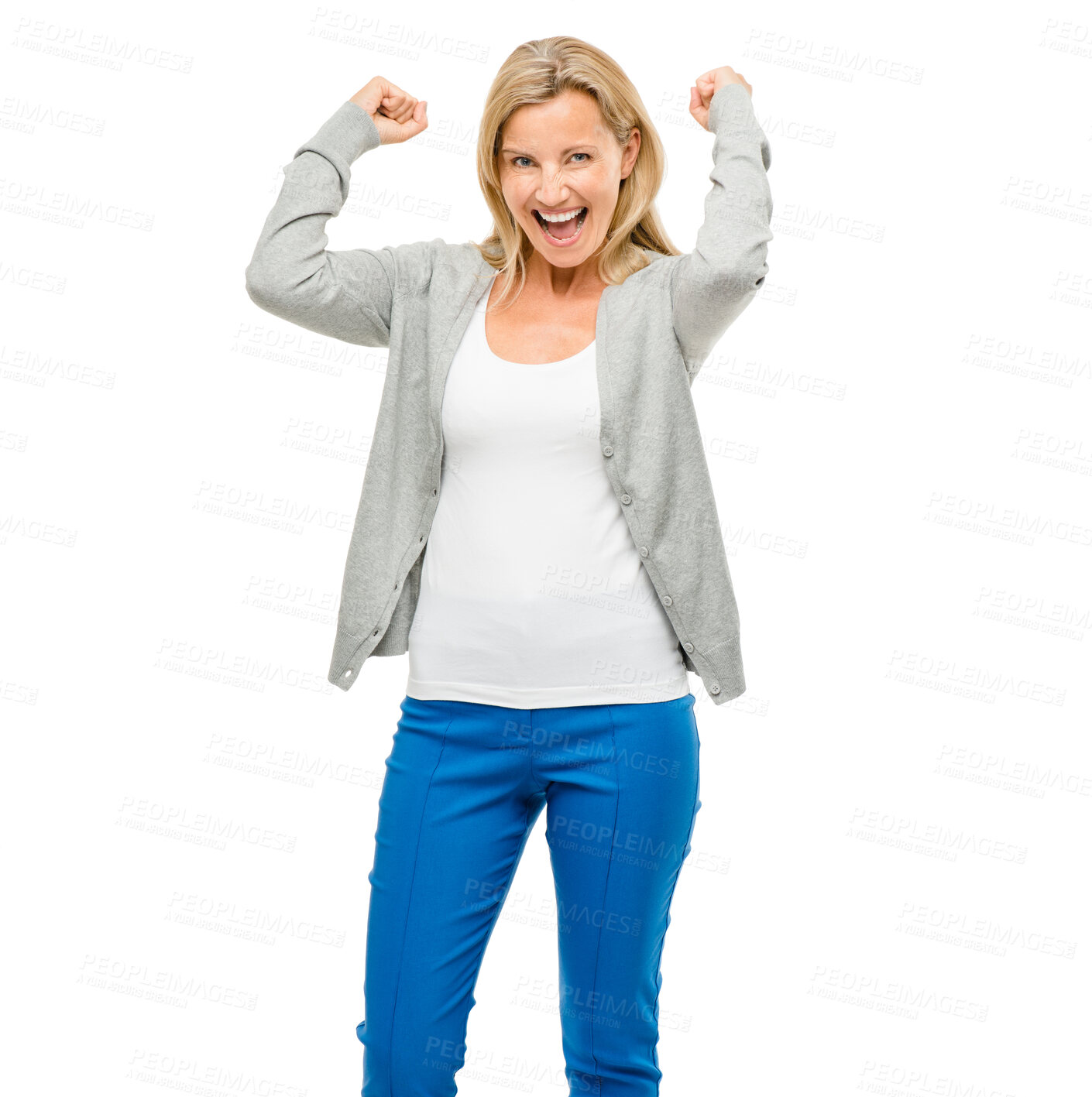 Buy stock photo Happy, celebration and portrait of mature woman in studio excited for news, sale or promo on white background. Wow, face and lady winner smile for announcement, discount or competition prize giveaway