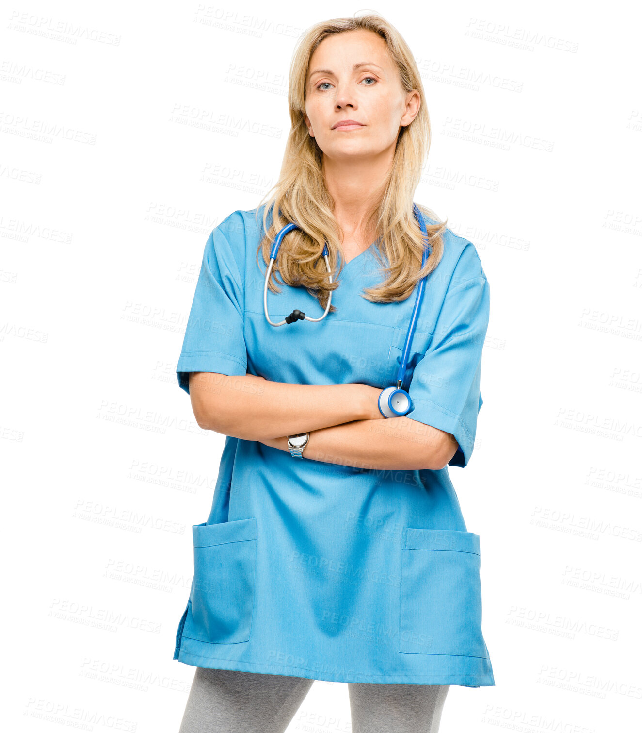 Buy stock photo Portrait, nurse or woman in studio with confidence, healthcare and medical professional in clinic. Health, service and caregiver with pride, arms crossed or hospital support staff on white background