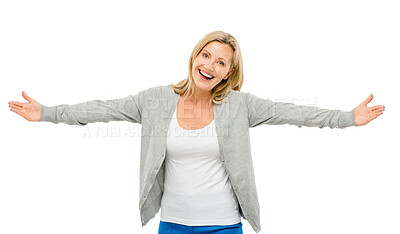 Buy stock photo Open arms portrait and happy mature woman in studio with mockup, promotion and product placement against while background. Face, smile and female person excited with hug gesture, emoji and expression