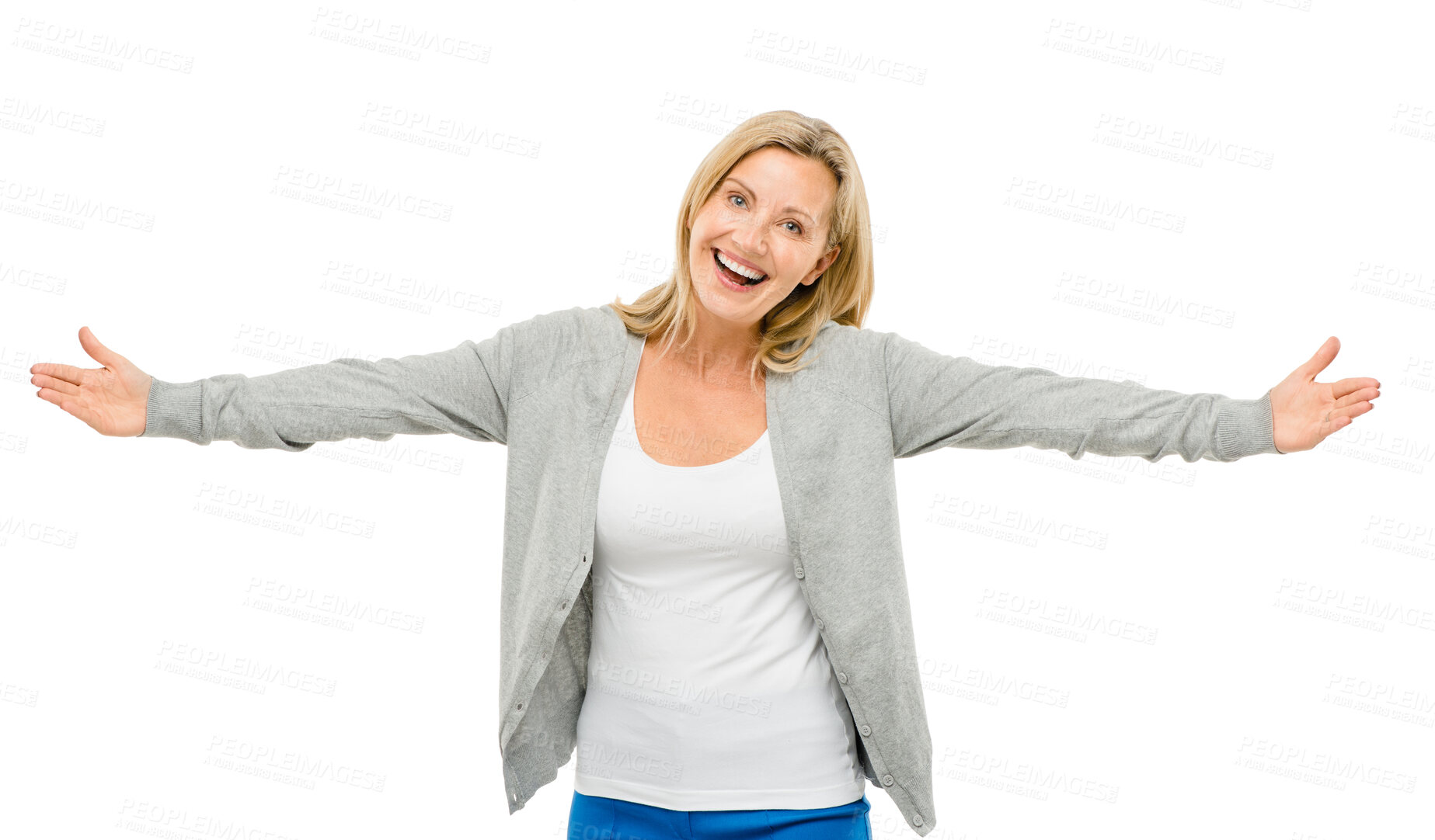 Buy stock photo Open arms portrait and happy mature woman in studio with mockup, promotion and product placement against while background. Face, smile and female person excited with hug gesture, emoji and expression