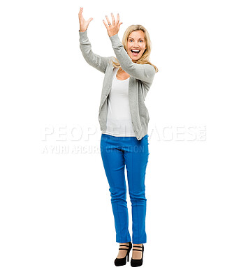 Buy stock photo wow, hand holding and portrait of mature woman in studio with product placement, promo of offer against white background. Face, smile and female person showing announcement, deal or coming soon sale