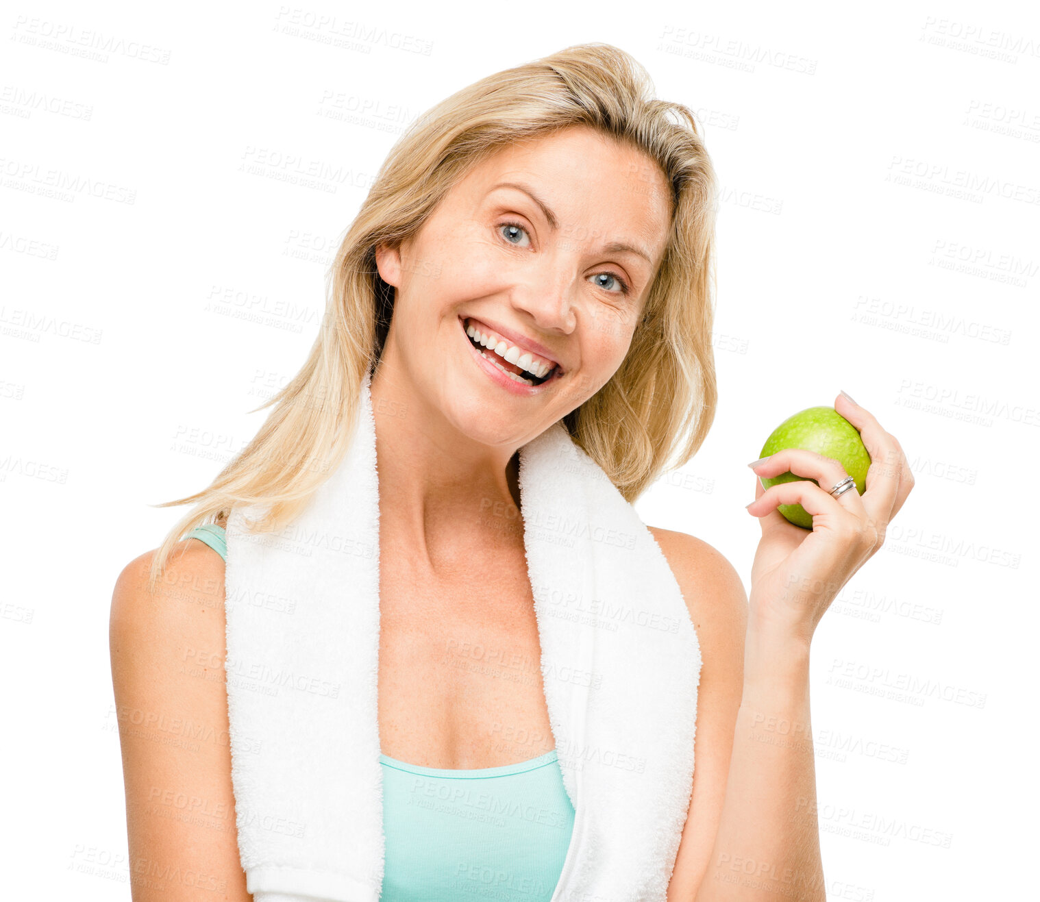 Buy stock photo Portrait, exercise and apple with a senior woman in studio isolated on a white background for health. Fitness, diet and lifestyle with a happy mature female athlete eating a fruit for nutrition