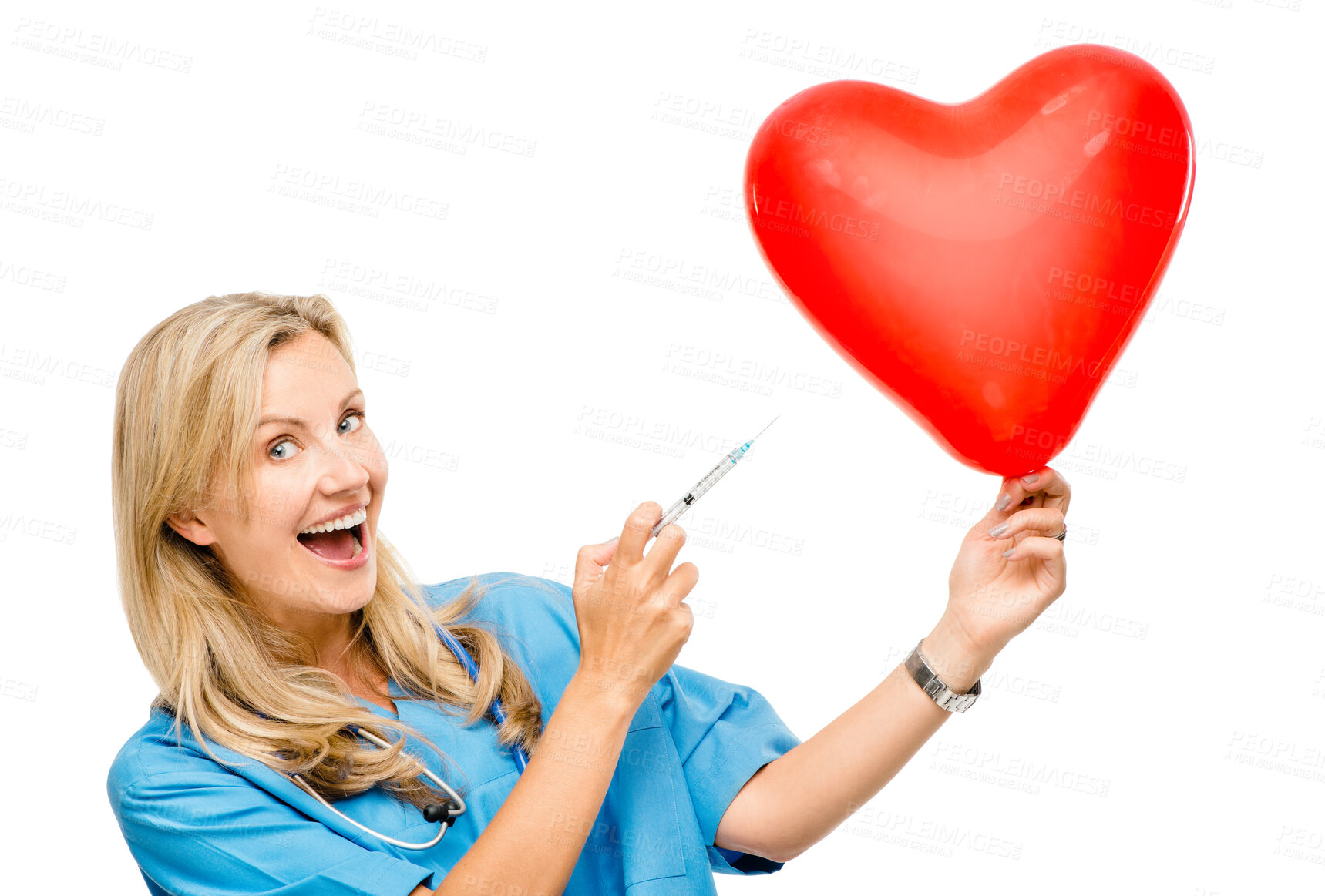 Buy stock photo Woman, doctor and heart balloon with syringe in studio portrait, smile and listening by white background. Surgeon, person and happy for cardiology, emoji and shape for care with healthcare promotion