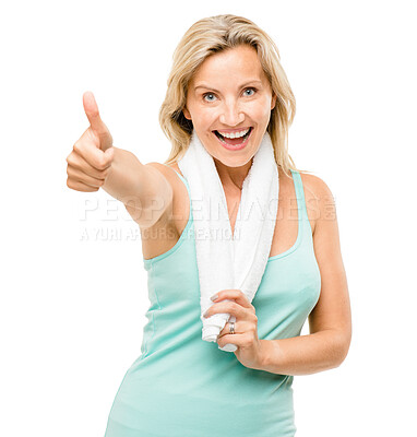 Buy stock photo Portrait, fitness and thumbs up with a senior woman in studio isolated on a white background for health. Exercise, motivation or support and a happy mature female athlete saying yes with a like emoji