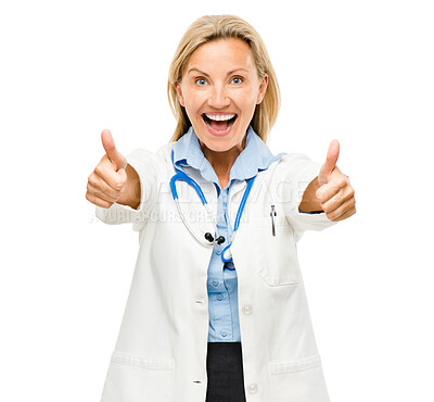 Buy stock photo Happy woman, portrait and doctor with thumbs up in success isolated on a white studio background. Female person, medical or healthcare professional with thumb emoji, yes sign or like for approval