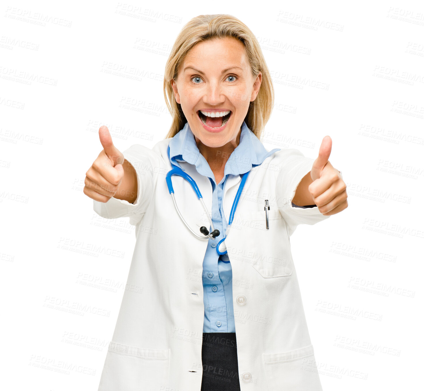 Buy stock photo Happy woman, portrait and doctor with thumbs up in success isolated on a white studio background. Female person, medical or healthcare professional with thumb emoji, yes sign or like for approval