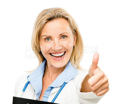 Buy stock photo Happy woman, portrait and doctor with thumbs up for good job isolated on a white studio background. Female person, medical or healthcare professional with thumb emoji, yes sign or like for approval