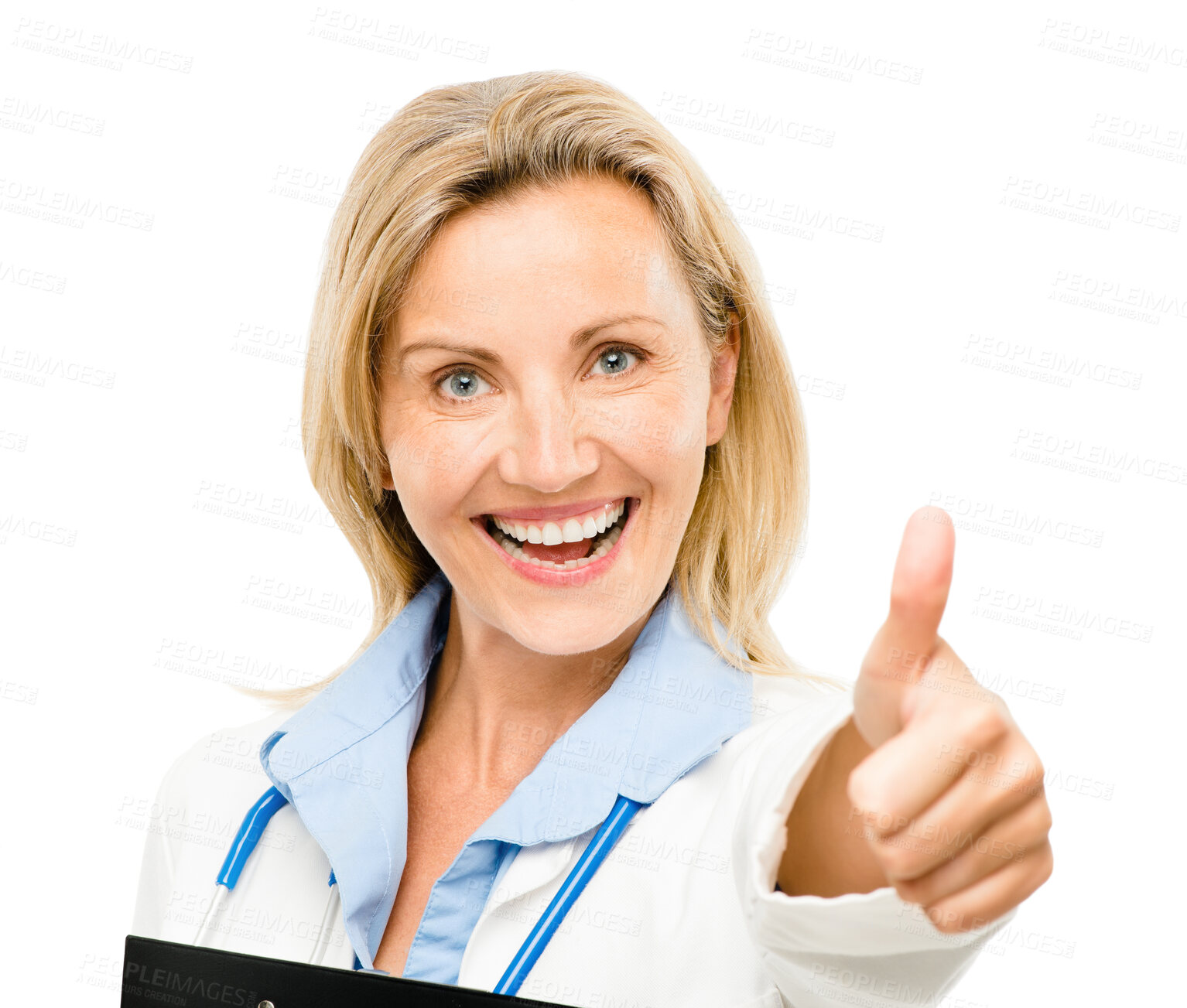 Buy stock photo Happy woman, portrait and doctor with thumbs up for good job isolated on a white studio background. Female person, medical or healthcare professional with thumb emoji, yes sign or like for approval