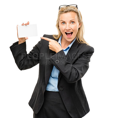 Buy stock photo Woman, point and blank business card in studio portrait with choice, happy and marketing by white background. Corporate lawyer, networking and poster with excited smile for mockup space at law firm