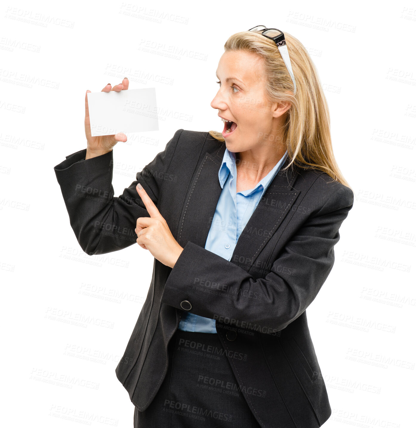 Buy stock photo Woman, happy and blank business card in studio with point for choice, excited or marketing by white background. Corporate lawyer, networking and paper with smile, contact or mockup space at law firm