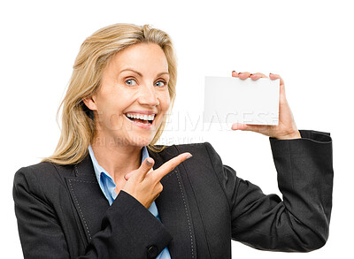 Buy stock photo Woman, smile and blank business card in studio portrait with choice, point and marketing by white background. Corporate lawyer, networking and paper with decision, excited or mockup space at law firm