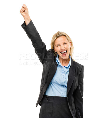 Buy stock photo Business woman, celebration and fist in studio portrait with shout for career goal by white background. Person, happy and cheers with smile for winning, success or bonus with salary increase at job