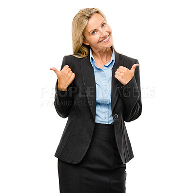 Buy stock photo Business woman, portrait and thumbs up for success or good job isolated on a white studio background. Female person or employee smile with thumb emoji, yes sign or like for approval or satisfaction