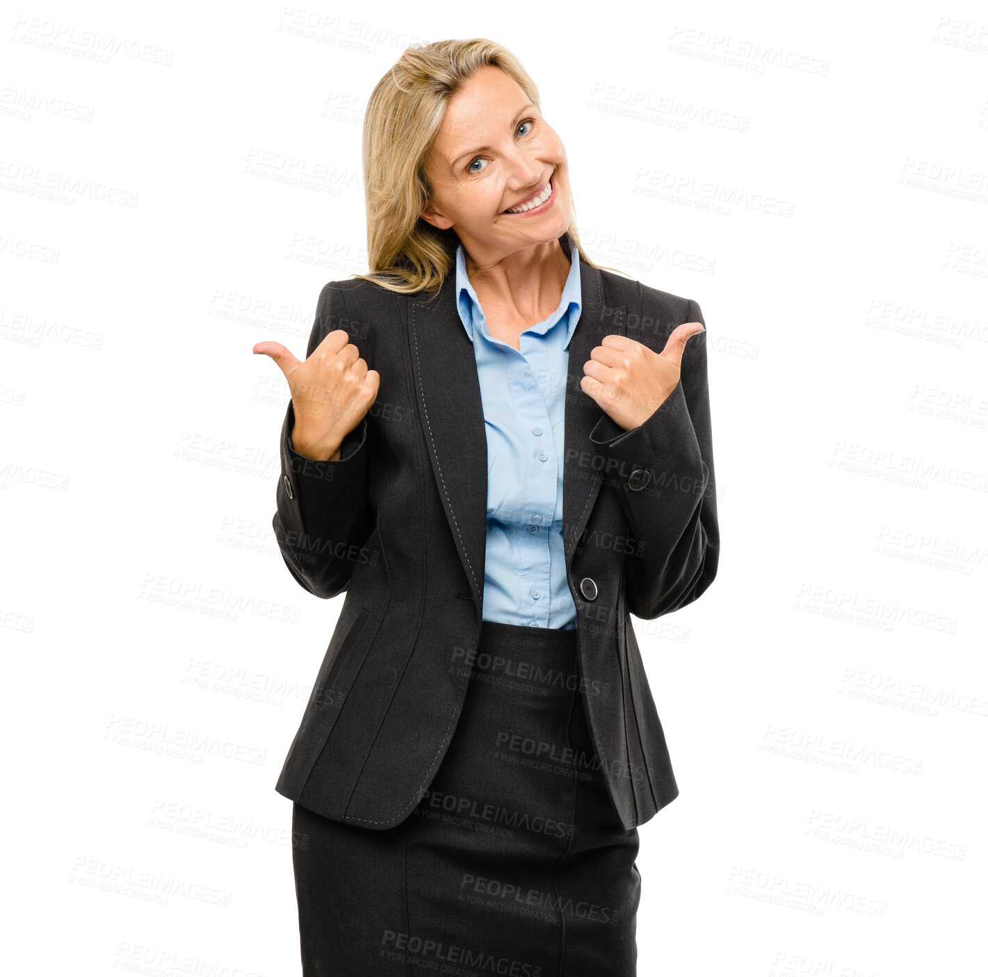 Buy stock photo Business woman, portrait and thumbs up for success or good job isolated on a white studio background. Female person or employee smile with thumb emoji, yes sign or like for approval or satisfaction