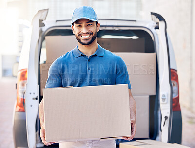 Buy stock photo Shot of a delivery man standing by his van