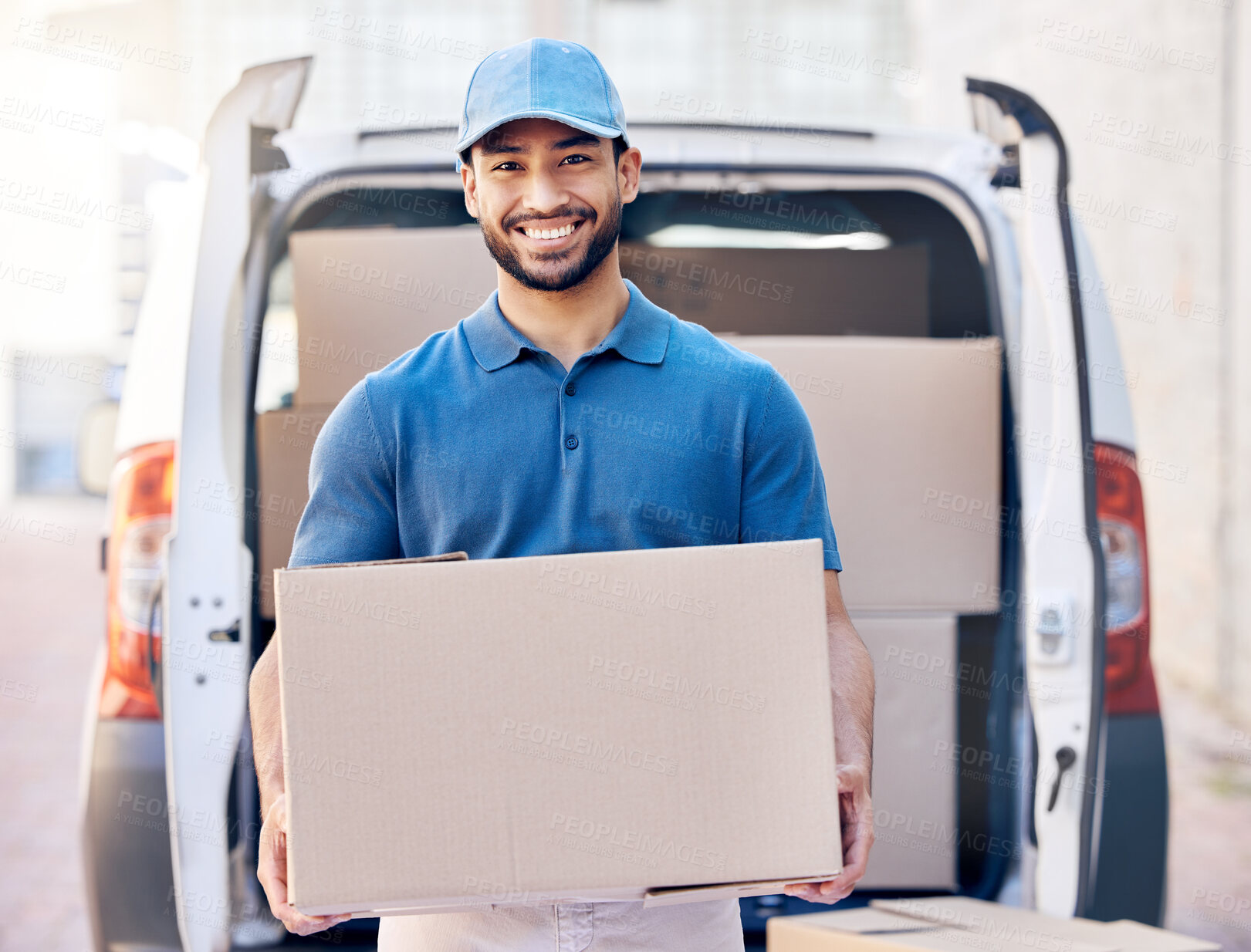 Buy stock photo Portrait, parcel and delivery man with box in outdoor for shipping, courier service or stock. Cargo, logistics and employee with cardboard package for export, distribution or commercial supplier