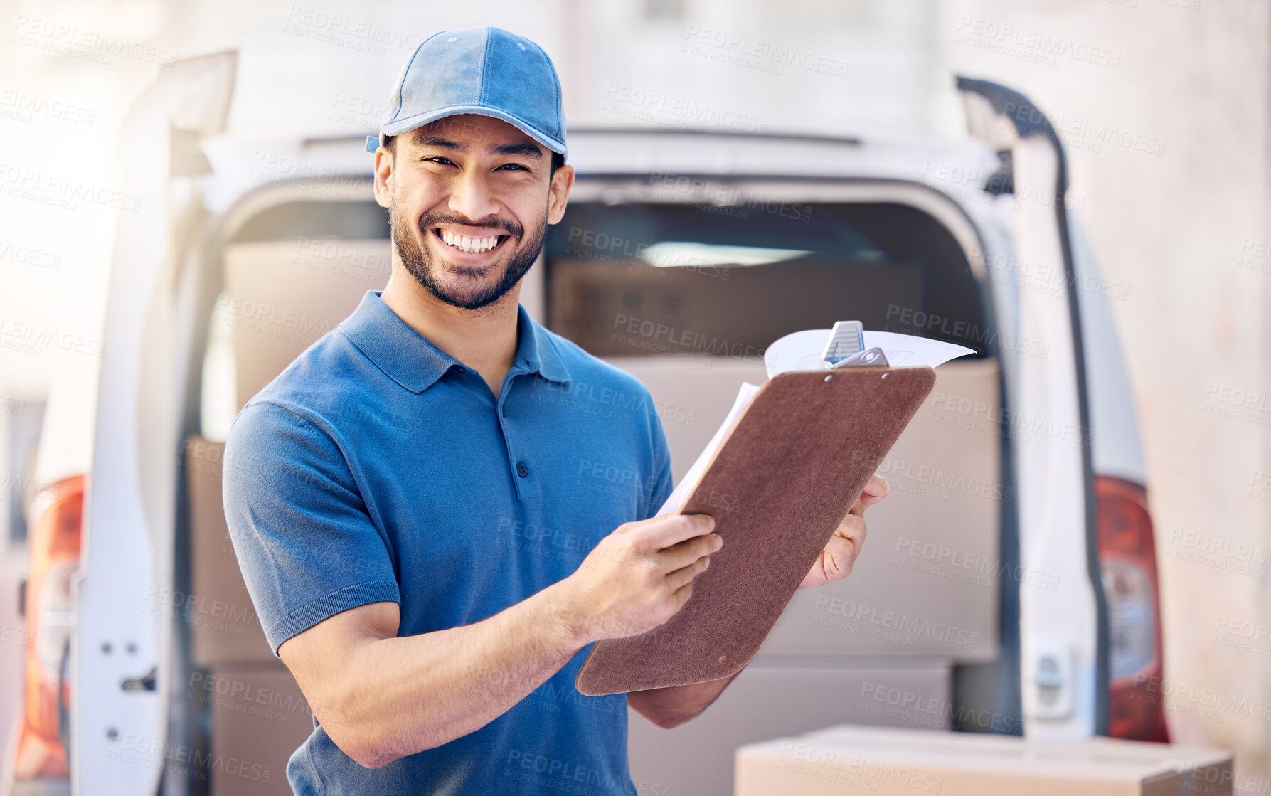 Buy stock photo Logistics, portrait and delivery man by van with clipboard, checklist and inspection of orders. Outdoor, male employee and supply chain with documents, boxes and shipping service for courier company