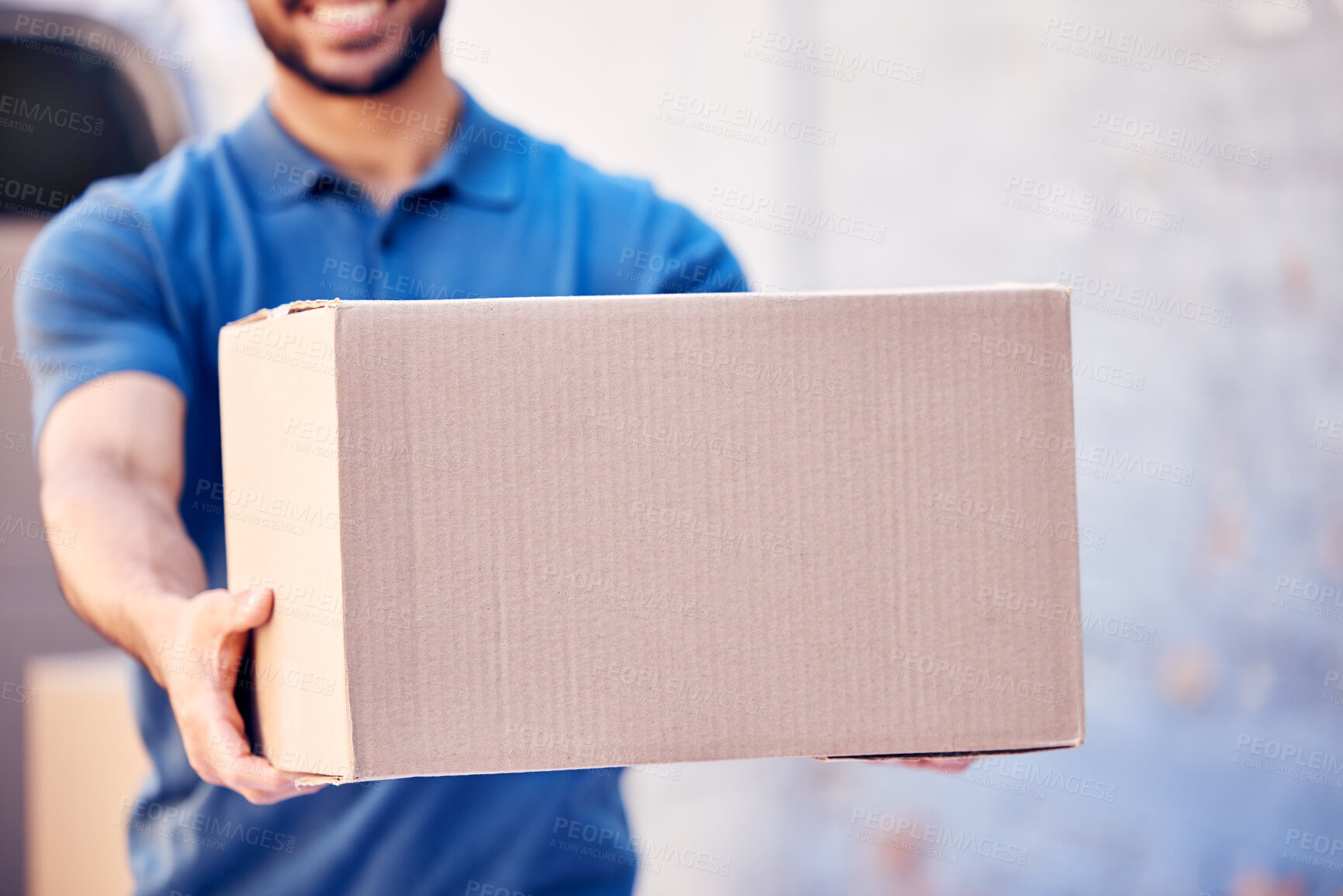 Buy stock photo Hands, package and delivery man with box in outdoor for distribution, courier service or stock. Cargo, logistics and employee with cardboard parcel for export, shipping or commercial supplier