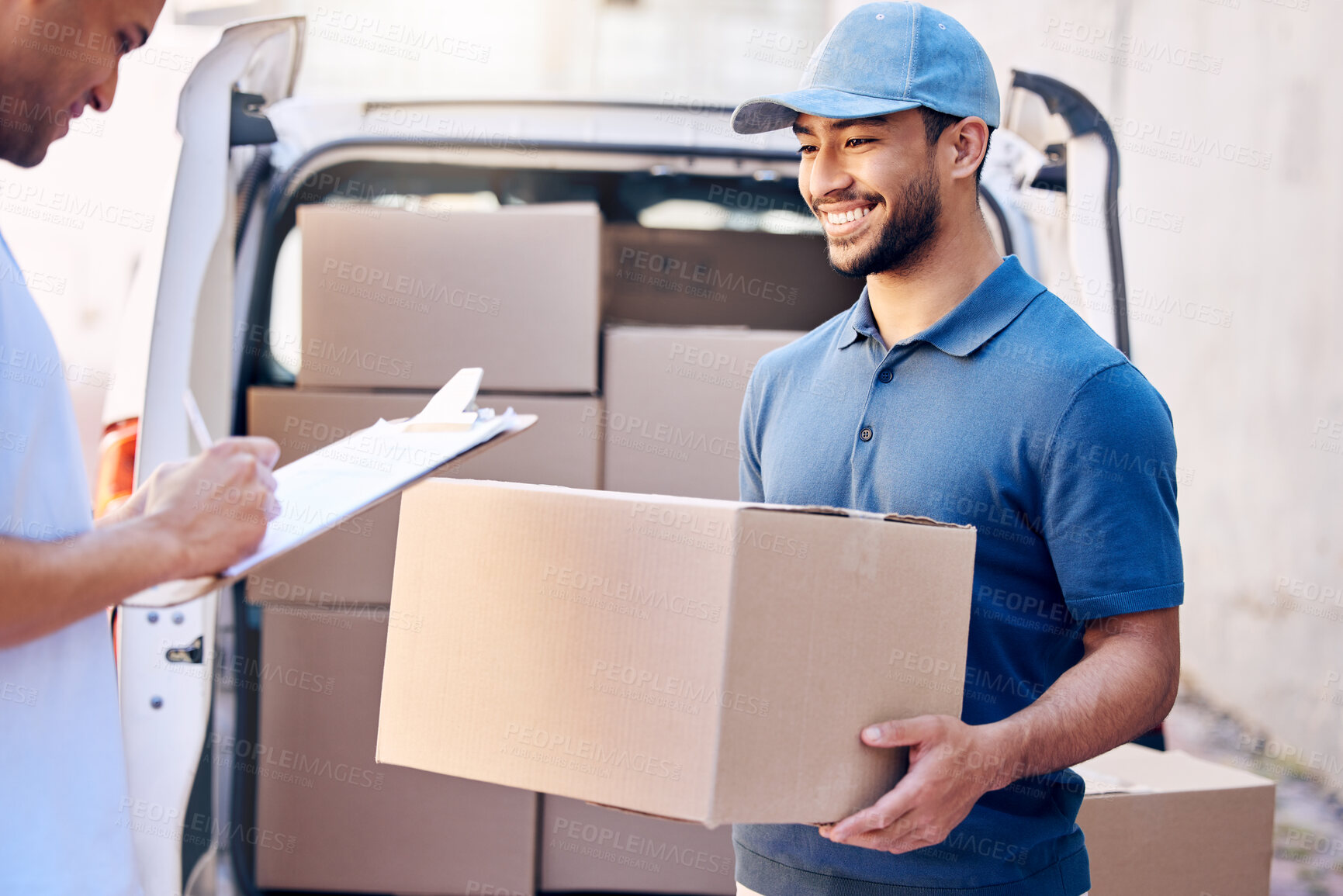 Buy stock photo Logistics, delivery man and customer with clipboard for signature, agreement and proof of shipment. Courier service, male client and employee with paperwork, box parcel and package outdoor by van