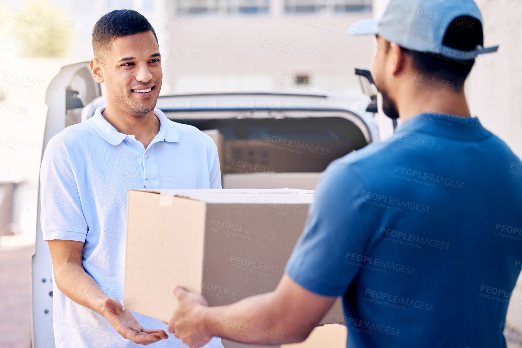 Buy stock photo Package, hands and customer with delivery man in outdoor for shipping, courier service or stock. Van, logistics and people with cargo parcel for ecommerce export, distribution or commercial supplier