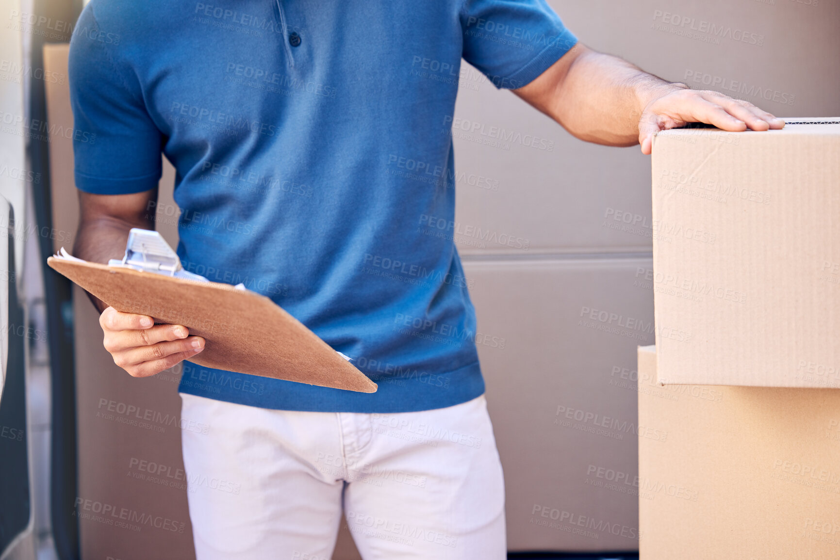 Buy stock photo Van, package and delivery person with clipboard in outdoor for shipping, courier service or check cargo. Stock, logistics and employee with cardboard for export, distribution or commercial supplier