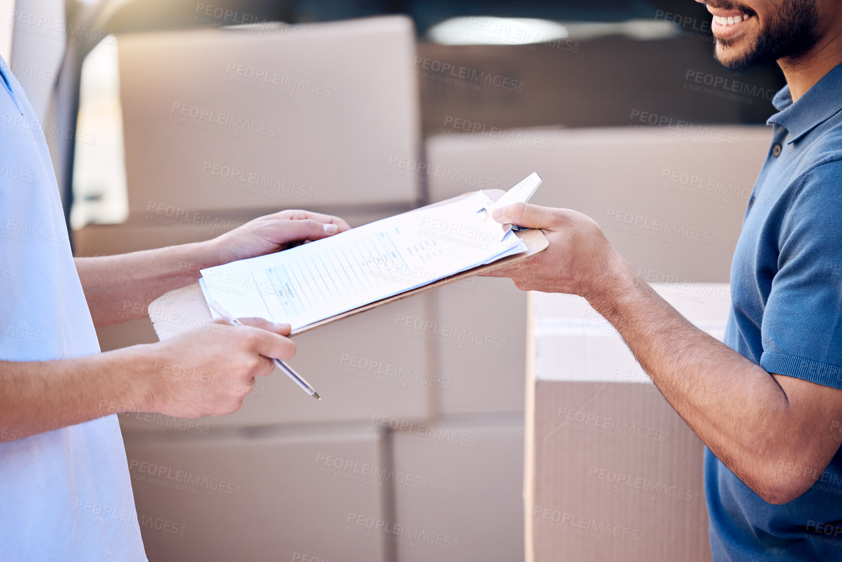 Buy stock photo Courier, delivery man and person with clipboard for signature, agreement and proof of shipment outdoor. Hands, customer and employee with paperwork, document and box package for logistics service
