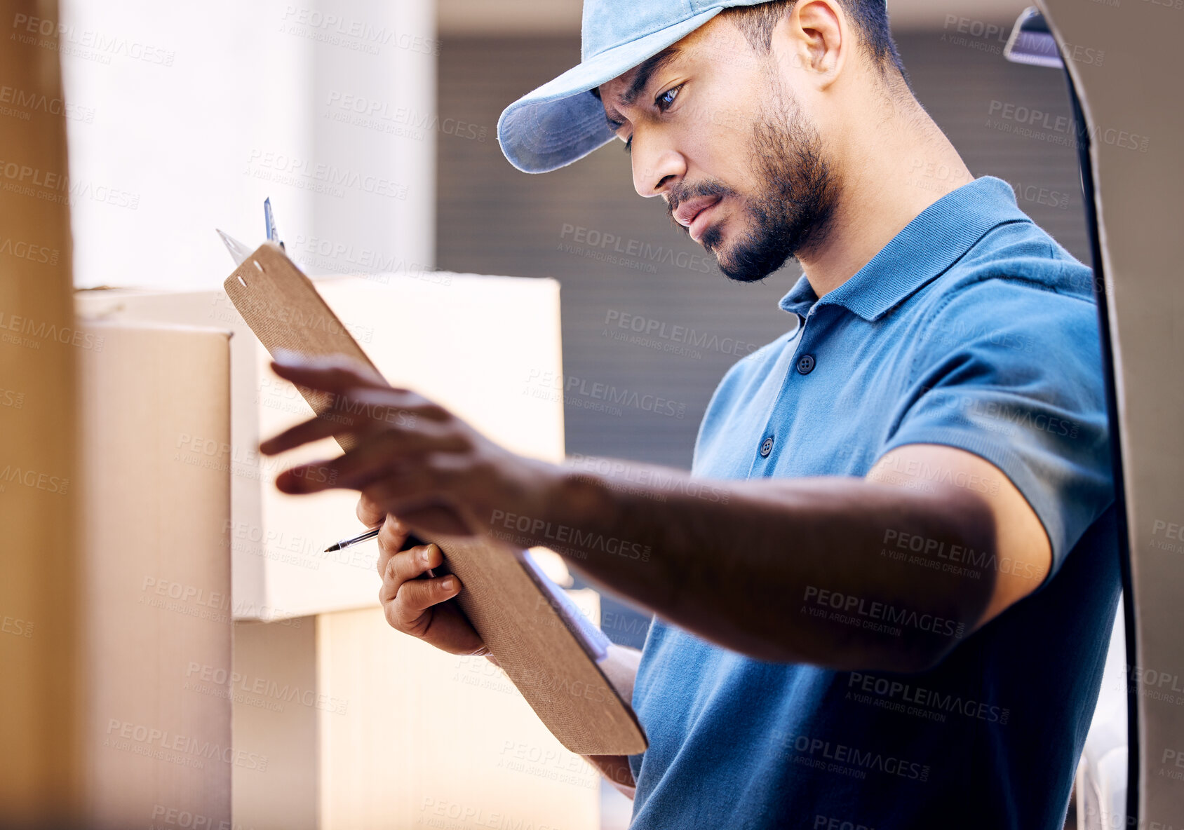 Buy stock photo Ecommerce, man and checklist with boxes for delivery, check and customer care by van. Male driver, package and clipboard at client for logistics, distribution and courier for online shopping