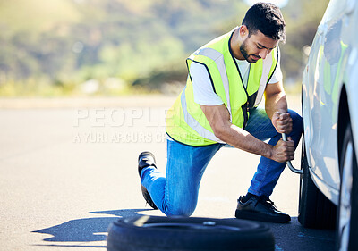 Buy stock photo Man, car and changing tyre on road, mechanical problem with transport and gear for safety. Male person, auto and tool for service inspection on wheel, fixing puncture or maintenance in countryside