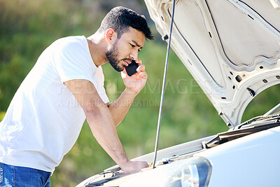 Buy stock photo Car trouble, engine failure and phone call with man outdoor for communication or roadside assistance. Contact, help and vehicle hood with person speaking on mobile for probelm, road trip or travel