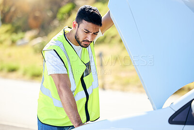 Buy stock photo Man, car and check on engine in road, mechanical problem with transport and gear for safety. Male person, auto and bonnet for service inspection, oil leak or emergency maintenance in countryside