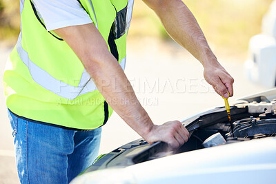 Buy stock photo Hands, mechanic and oil check on road for car repair, roadside assistance and maintenance. Man, breakdown and engineer by engine for testing, service and inspection of vehicle for transport or travel