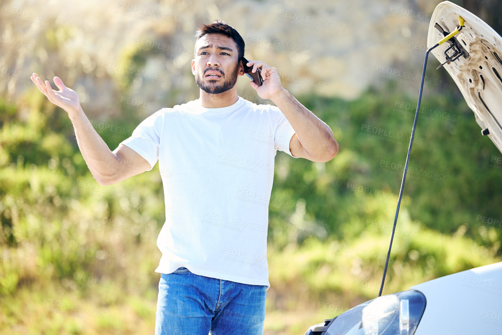 Buy stock photo Car, engine and man with phone call in stress for vehicle emergency, problem and communication. Transport, anxiety and person with tech in conversation for roadside assistance, breakdown and report