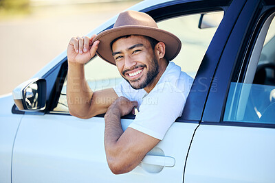 Buy stock photo Travel, portrait and window in car, man and smile for journey,  road trip and hat for vacation in summer. Outdoor, face and happiness of person, Texas and door of vehicle, driving and adventure