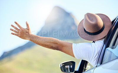 Buy stock photo Travel, hand and window in car, person and freedom in journey, road trip and tour of California for vacation. Outdoor,  wave and arm for adventure in vehicle, holiday and driving in morning and back