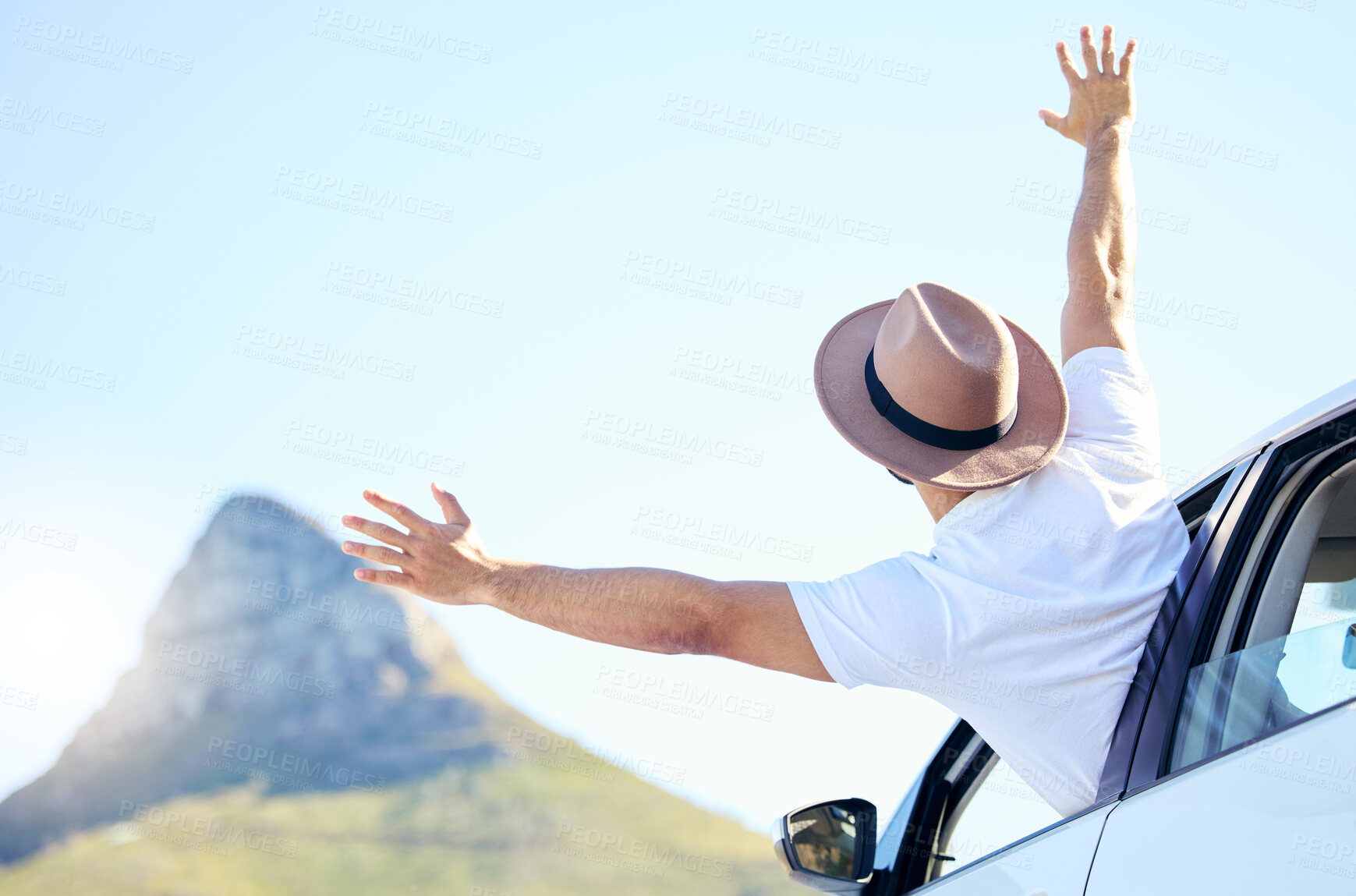 Buy stock photo Travel, back and window in car, freedom and arms for journey, road trip and hat for vacation in summer. Outdoor, hands and driving in morning and door of vehicle, person and adventure in Texas